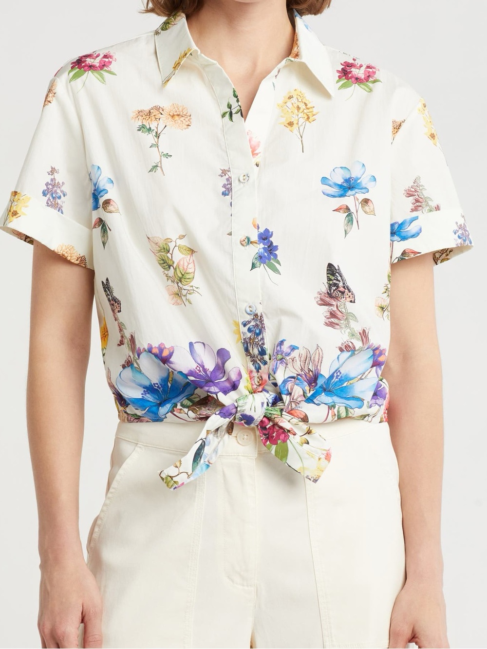INDUSTRY Floral Tie-Front Button-Down Shirt - White with Multicolor Blooms